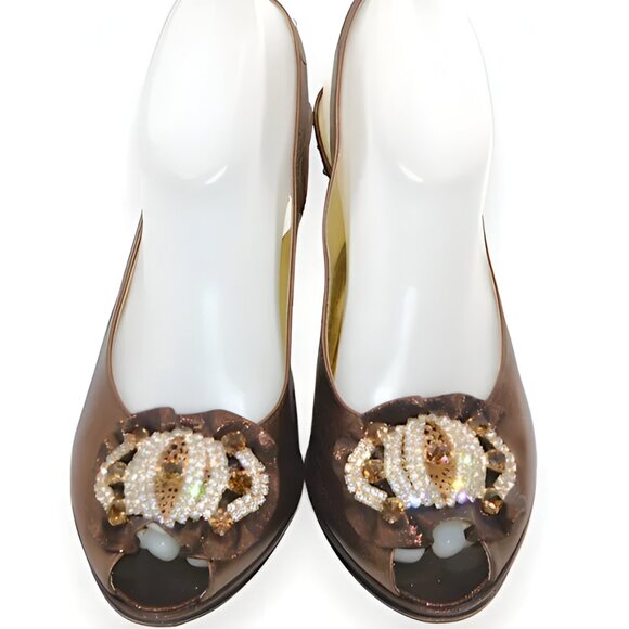 Luxury Louis David Metallic Copper Brown Leather Swarovski Crystal Heels 38 7.5 - Picture 4 of 13